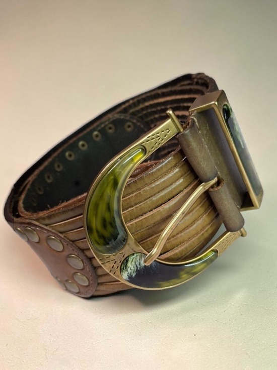 Linea Pelle Accessories - Linea Pelle Brown Leather Belt with Brass-Tone Green Accent Buckle